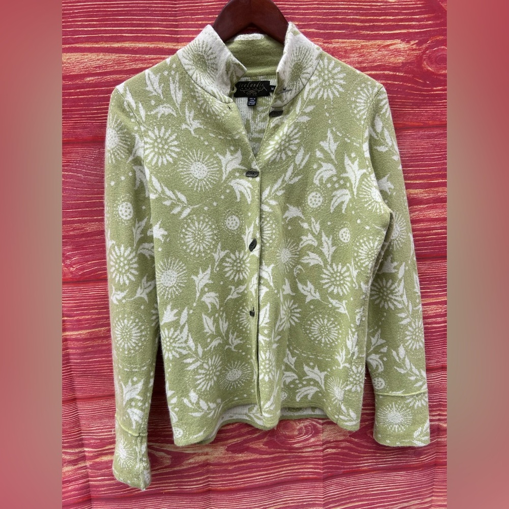 VTG Icelandic Design size M green floral angora blend button cardigan sweeter - Picture 2 of 5